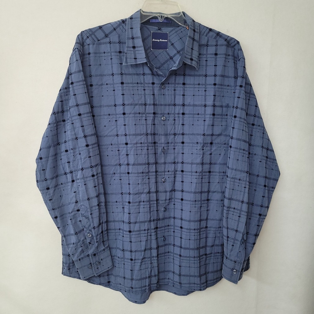 Tommy Bahama Mens XXL Blue Black Geometric Grid‎ Cotton Tencel Button Down Shirt